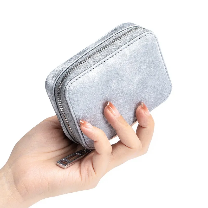 Women\'s Genuine Leather Portable Cosmetic Bag Mini with Mirror Lipstick Jewelry Bag Travel Outdoor Coin Key Earphone Storage Bag