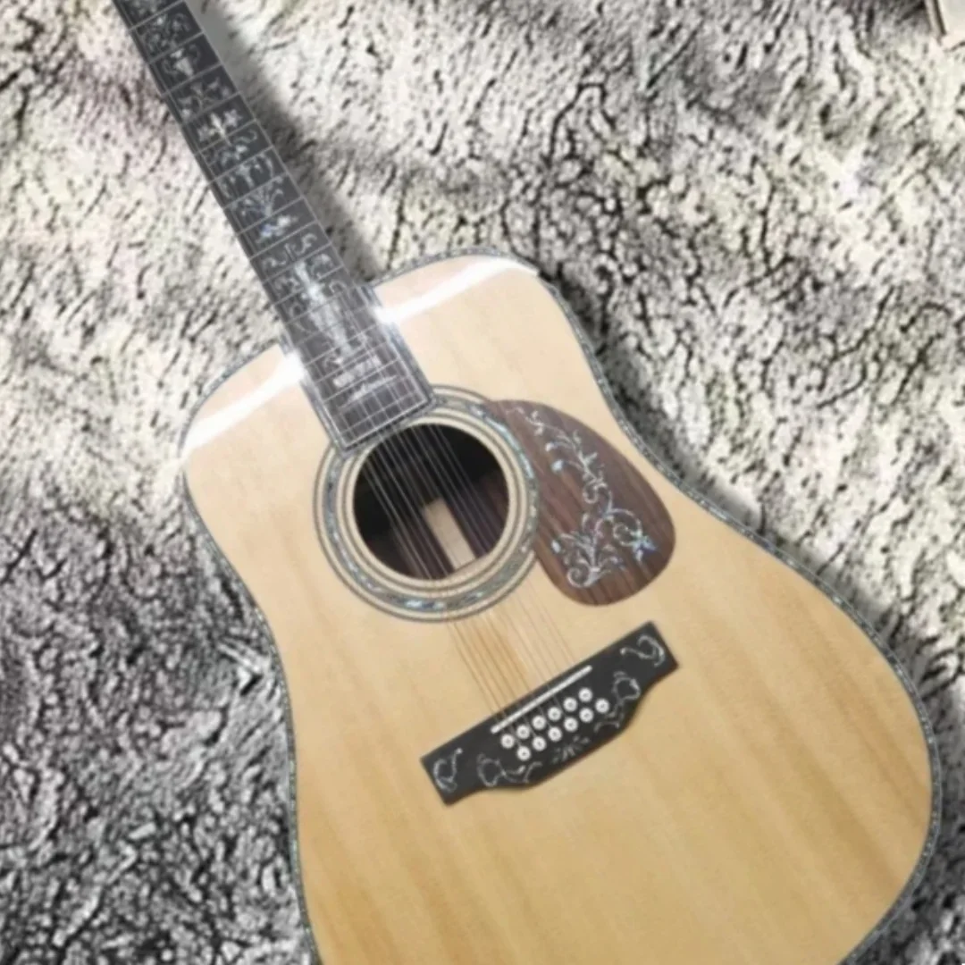 Hot sale D45 White12 String Solid Top Acoustic Guitar Picea Asperata Body Abalone Shell Inlaid Large Vase Pattern