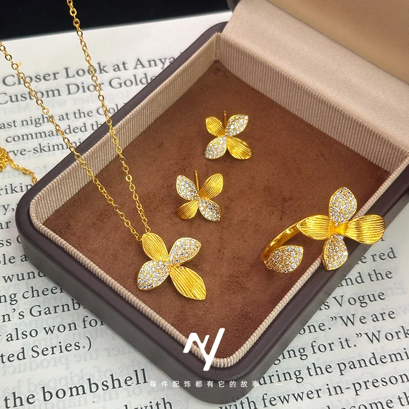 24k 999Gold Necklace Lily Flower Set - Luxurious and Sophisticated with Diamond Accents, Includes Necklace, Ring, and Earrings