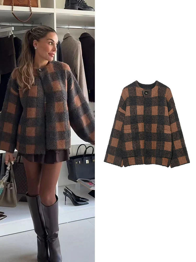 

TFMLN Plaid Jacket For Women Autumn Winter Long Sleeve Single Button Loose Coat Vintage Ladies Casual Style knitted Coat