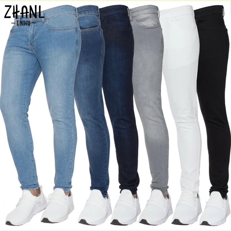 Jeans skinny elástico para homens, calças jeans finas, de algodão elástico, masculinas plus size, lápis, cor pura, calça casual, nova moda