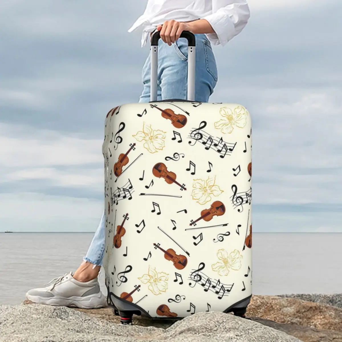 

Violin Music Notes Floral Suitcase Cover Protection Elastic Travel Luggage Protector Covers for 18-32 Inch