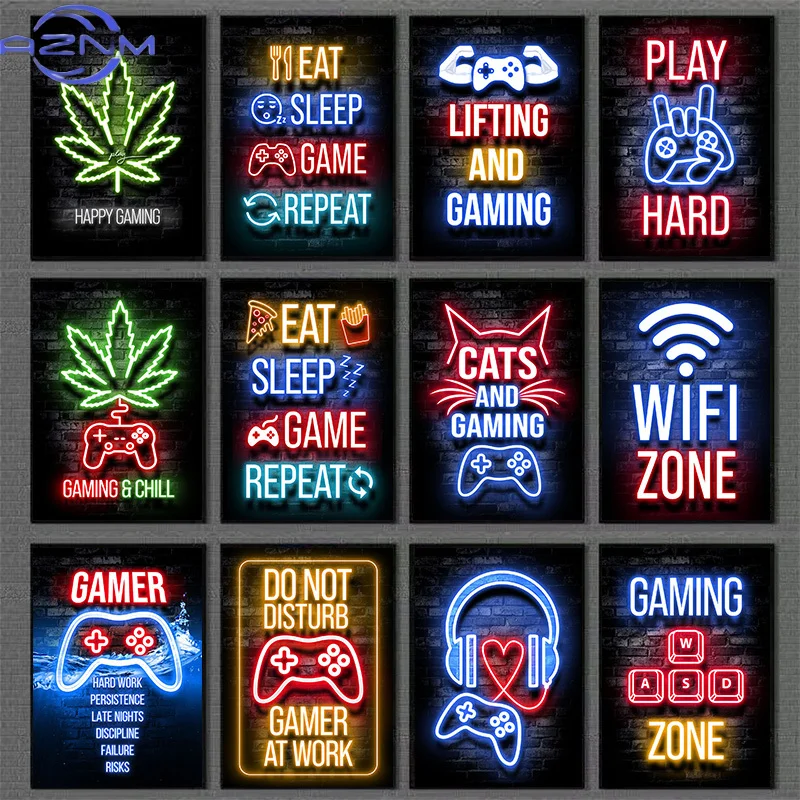 Gaming Wall Art Sleep Game Repeat Poster Prints Gamer Canvas Painting Canvas Picture For Kids Boys Room Decor Playroom Framel