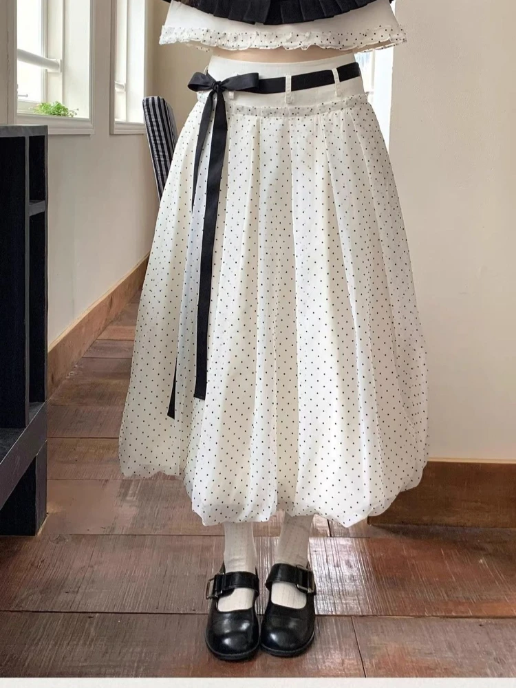 Vintage Fashion Flower Bud Long Skirts Female 2026 Spring Sweet Polka Dot High-waisted A-line Skirt Women Hepburn Kawaii Skirt