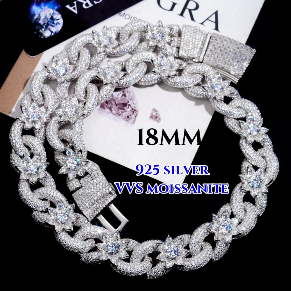 

Custom Iced Out Cuban Link Chain 18MM Moissanite Diamond Cuban Necklaces Flower Design Hop Chain 925 Sterling Silver Jewelry