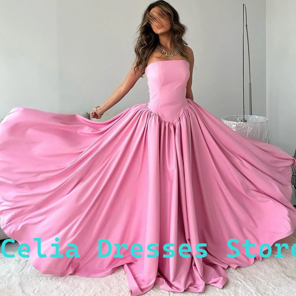 Formal Pink Jersey Sweep Train Pleats Evening Dress Sleeveless Straight Strapless Floor Length Custom Size Vestido De Noche 2024