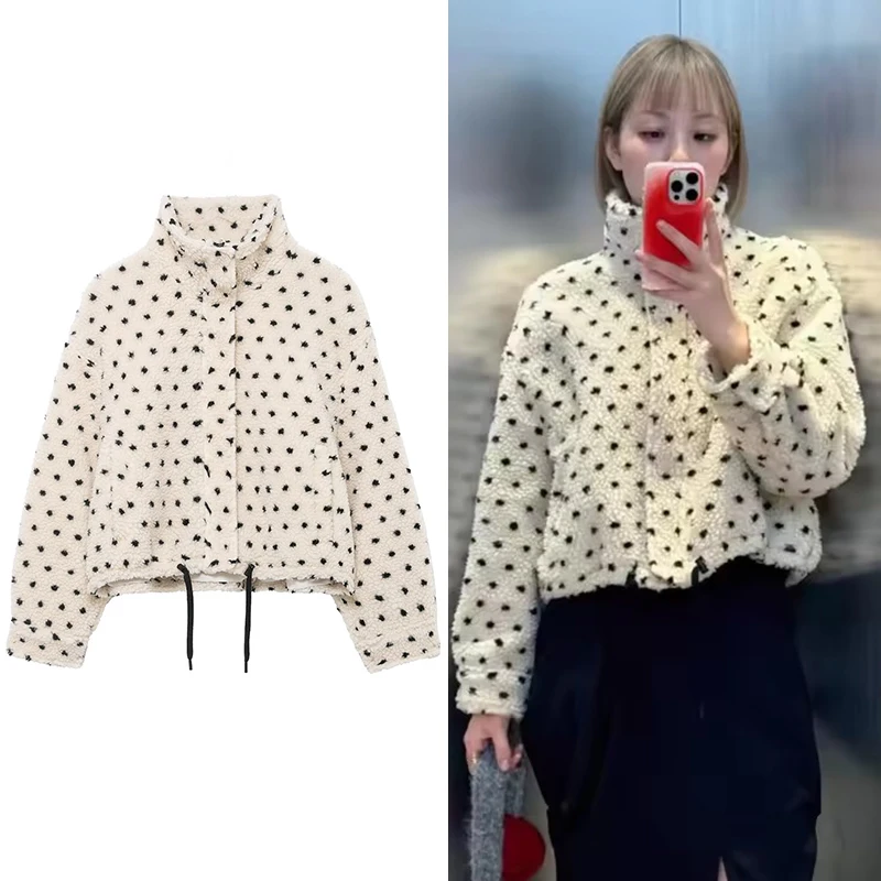 Giacca calda in pile a pois da donna 2025 Cappotto da donna autunno inverno manica lunga allentata femminile streetwear casual nuovo capispalla