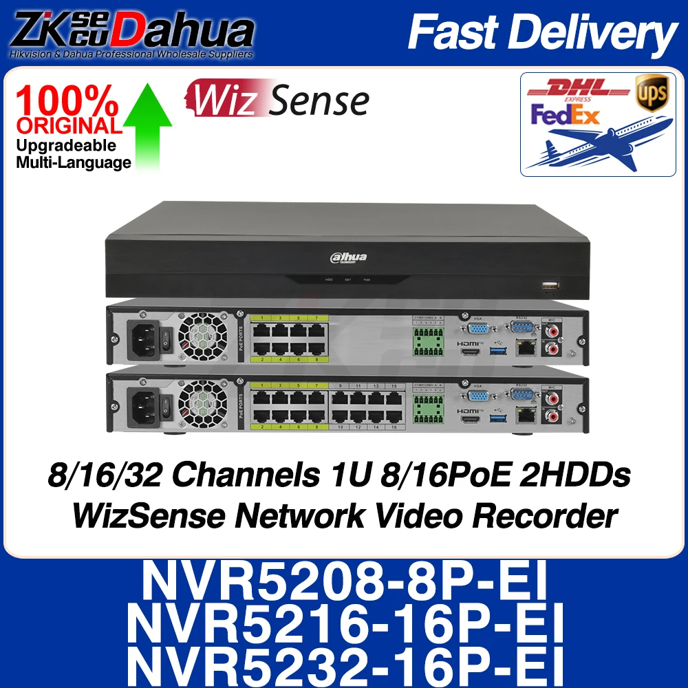 Dahua NVR5208-8P-EI NVR5216-16P-EI NVR5232-16P-EI 8/16/32CH 1U 8/16PoE 2HDD WizSense Network Video Recorder AI by NVR SMD Plus