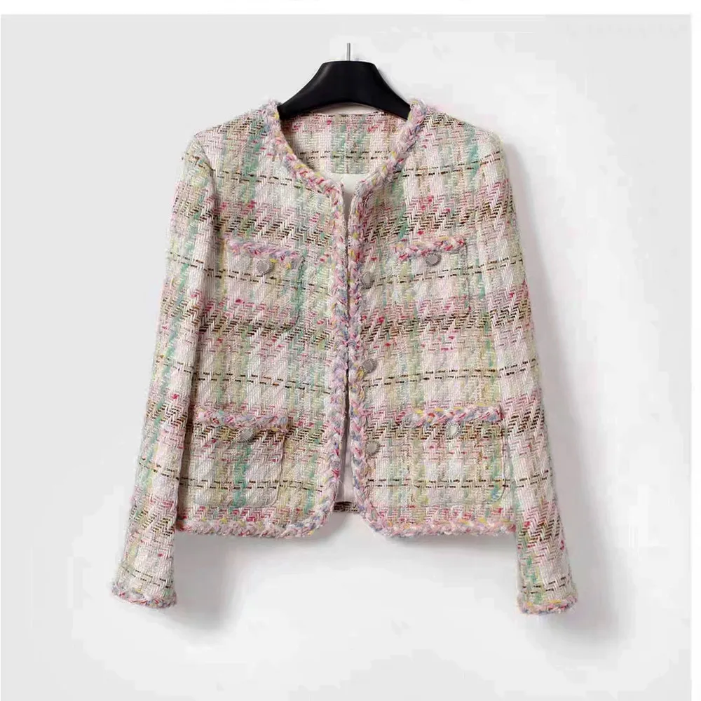 

Women Jacket 2025 Spring Plaid Tweed Cropped Crewneck Jacket Top Women Coat