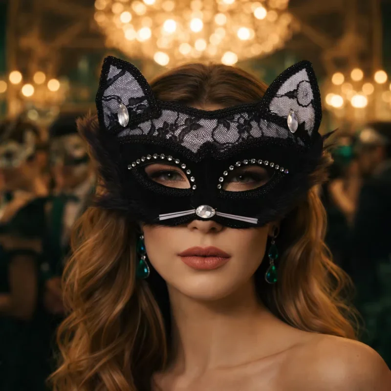 Sexy schwarze Spitze Katze Gesichtsmaske venezianische Maskerade Augenmaske Weihnachtsfeier Cosplay Frauen Mädchen Kopfschmuck Halloween Fancy Maske – Detail 4