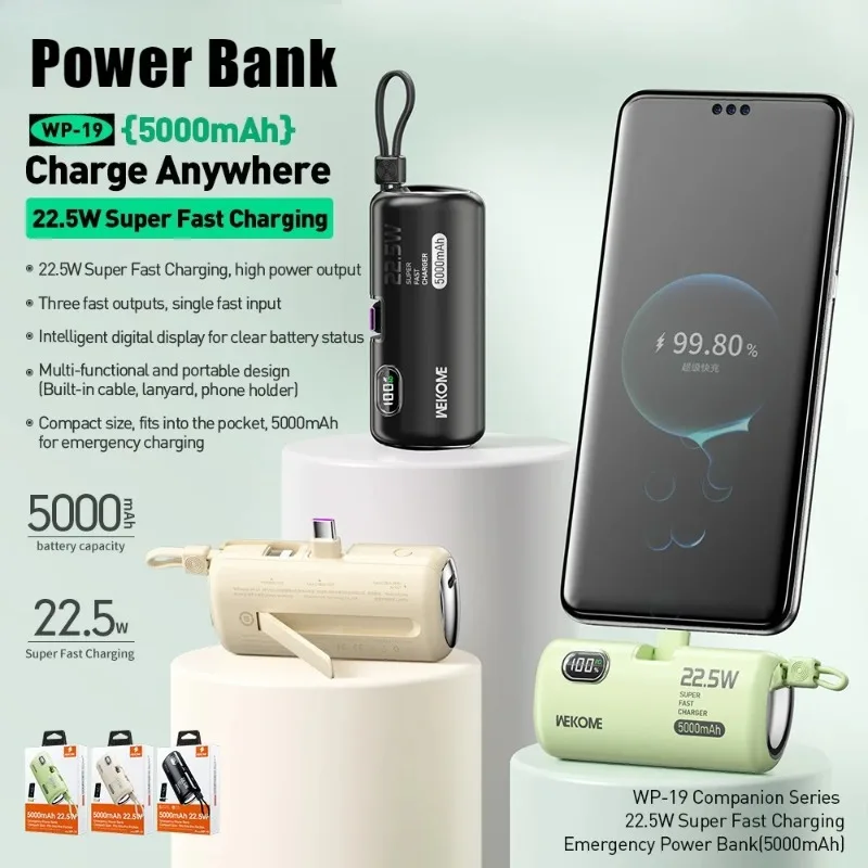 2026 New PD 22.5W Fast Charging Power Bank Comes with Cable 5000mAh Battery Charger Case Mobile Supply for iphone Samsung Xiaomi