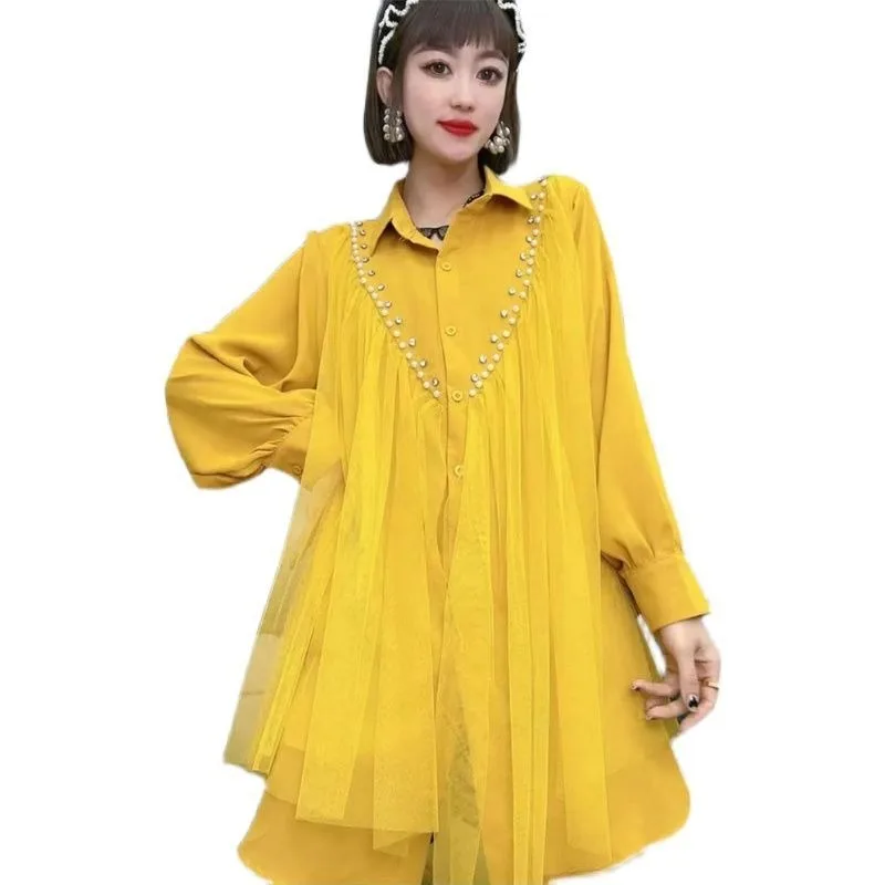 Curvy Ladies Heavy Beaded Shirts Spring New Irregular Mesh Patchwork Loose High-end Casual Versatile Blouse Tops