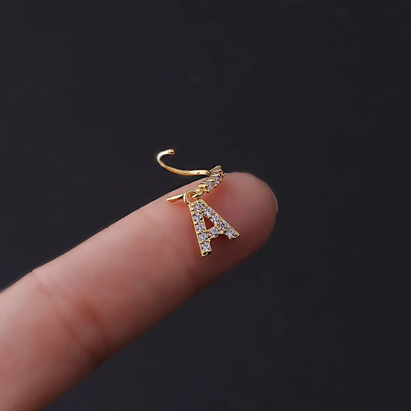 2022 Stainless Steel With A to Z Letters Alphabet Cz Nose Hoop Dangling Nose Ring for Women Piercing Jewelry