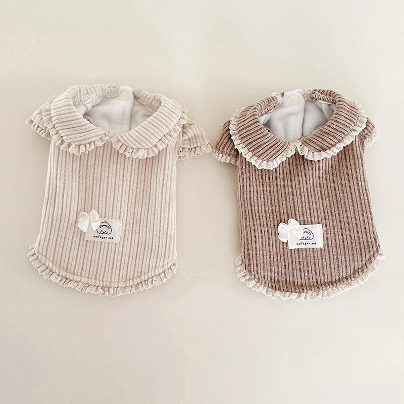 Pet Corduroy Striped Base Shirt with Autumn and Winter Velvet Clothes Doll Collar Bubble Half Sleeved Lace Hoodie Puppy Clothes