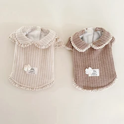 Pet Corduroy Striped Base Shirt with Autumn and Winter Velvet Clothes Doll Collar Bubble Half Sleeved Lace Hoodie Puppy Clothes