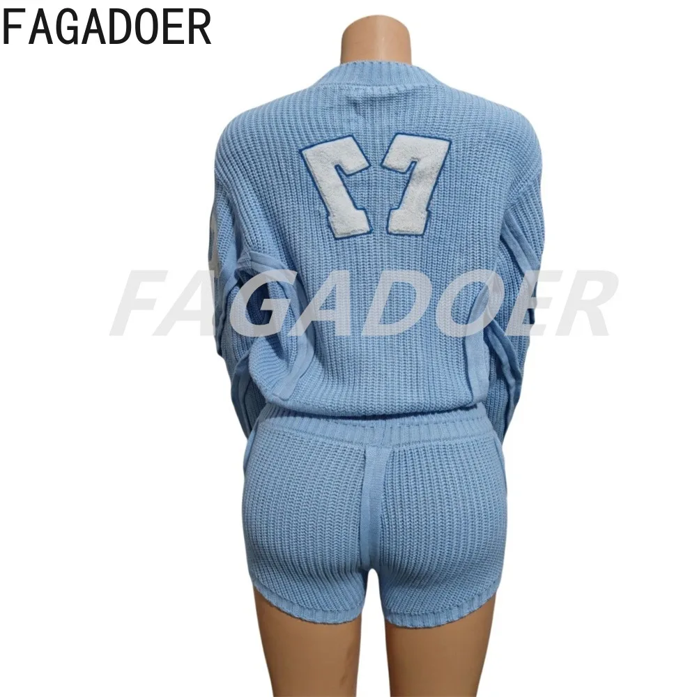 FAGADOER Blue Knitting Two Piece Set For Women Fashion Patchwork Crop Top And Drawstring Waist Shorts Suits Streetwear Autumn