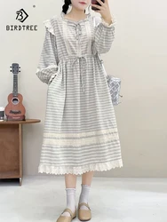 New Summer Cotton Long Sleeve Dresses, Woman O Neck Striped Lace, Mori Girl French Prairie Chic Loose Dress, 2024 Fall D48290QC