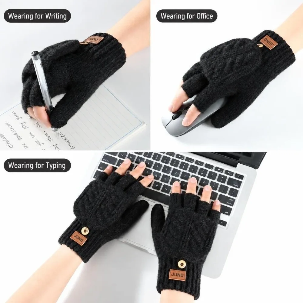 Practical Unisex Winter Cable Knitted Gloves Warm One Size Men Flip Top Gloves Polyester Blend Convertible Gloves Texting
