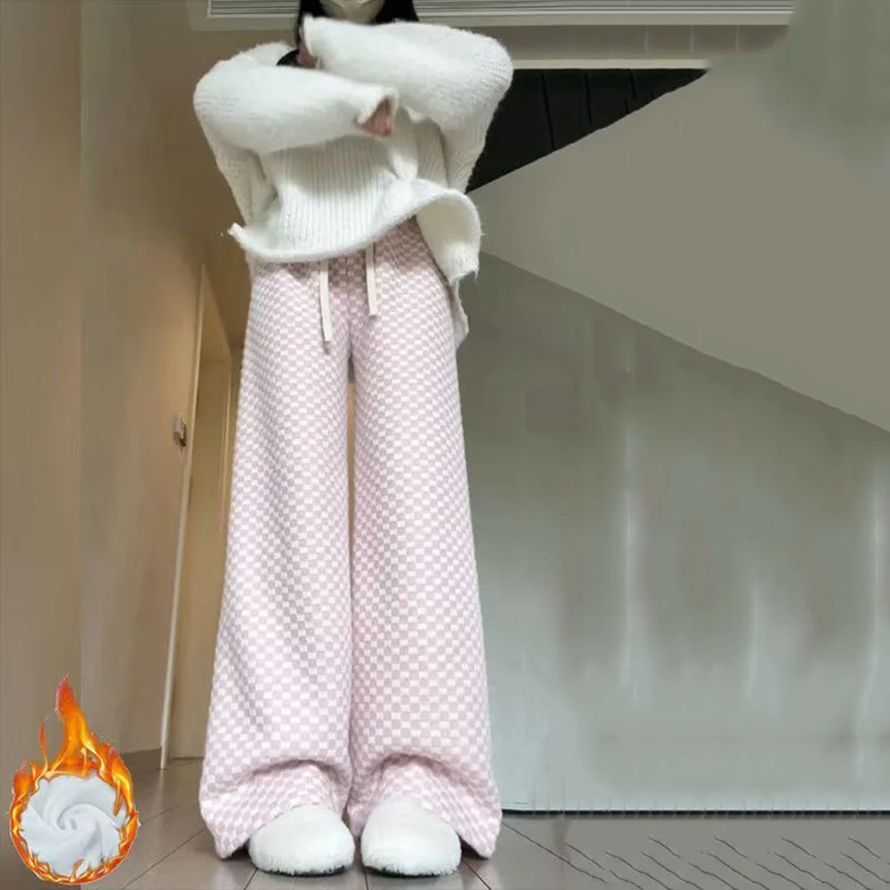 Winter Casual Pants Women Plaid Loose Sweet Creativity Popular Autumn Fashion Korean Style Delicate Ladies Plush Warm Trousers