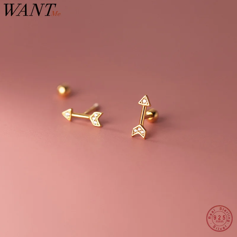 WANTME 925 Sterling Silver Simple Unique Charm Pave Zircon Arrow Screw Bead Stud Earrings for Women Special Piercing Jewelry