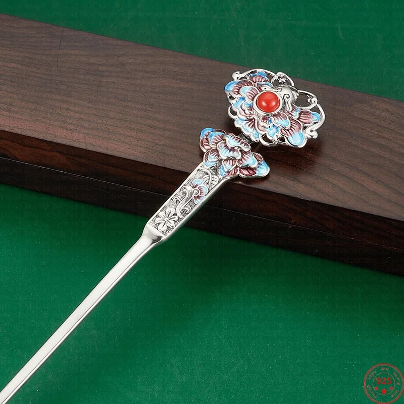 

S925 Sterling Silver Hair Sticks for Women Cloisonne Flowers Inlaid Red Agate Hair Forks Hairpin Palace Style Jewelry Wholesale