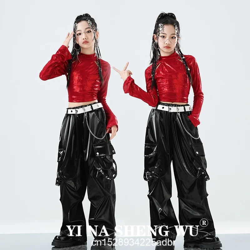 Novas crianças roupas de dança de rua meninas hip hop outfits vermelho topos calças pretas jazz desempenho roupas grupo competição wear