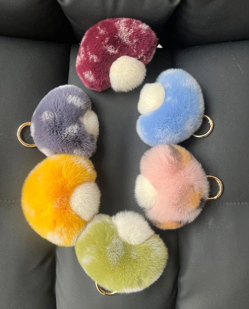 Niedlicher Echter Rex-Kaninchenfell-Pilz-Schlüsselanhänger, Flauschiger Pompon-Autoschlüsselring, Taschenanhänger, Charm im Ins-Stil, Modisches Geschenk für Frauen und Mädchen – Detail 17