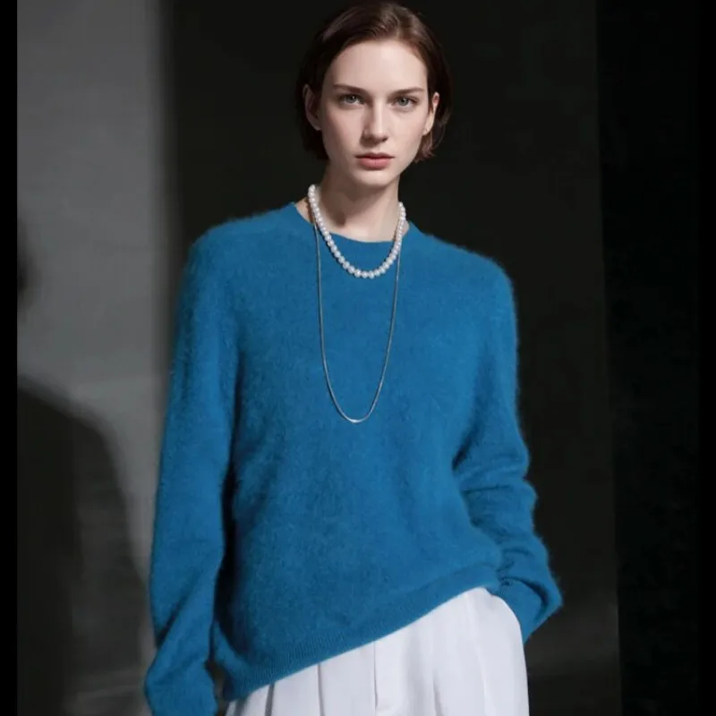 Nuevo suéter de punto de otoño invierno para mujer, cuello redondo, cepillado, suelto, a la moda, muy cálido, Top de cachemira de visón 100% de gama alta