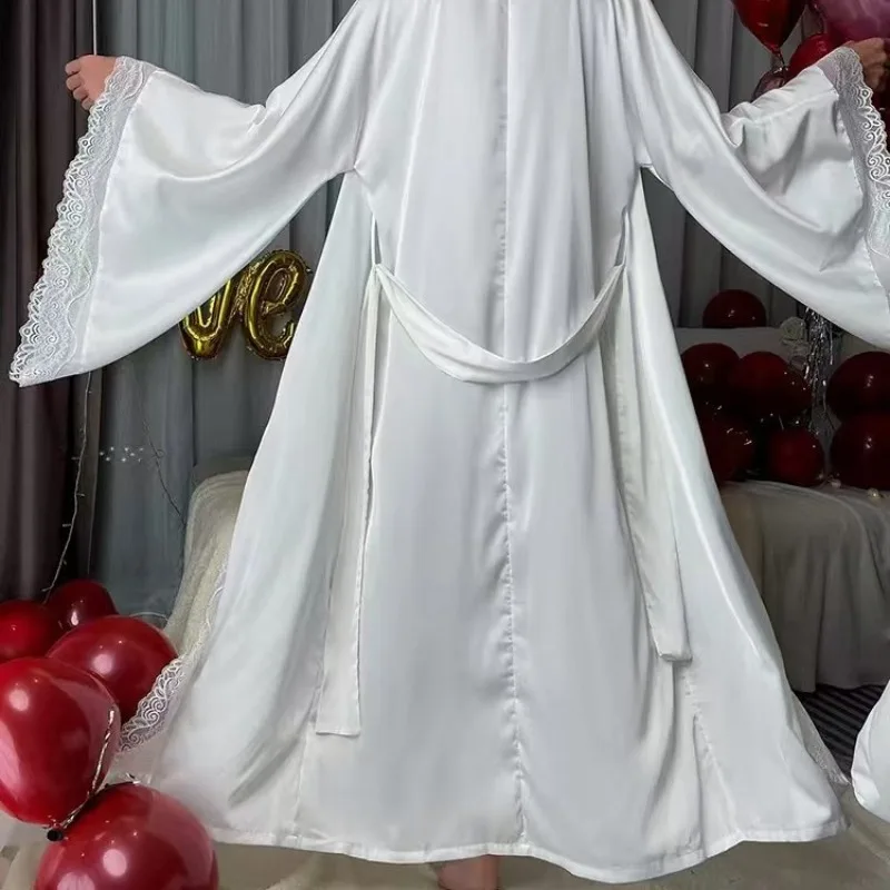 Nuevo pijama largo de satén para mujer, camisón fresco de manga larga ligero de encaje, albornoz, ropa de descanso