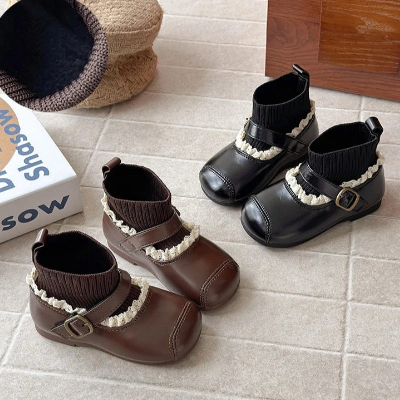 

Child Fashionboot2025winter New Korean Version Girl Flat Laceboots British Style Girlanti Slip Princess Warm Versatile Snowboots