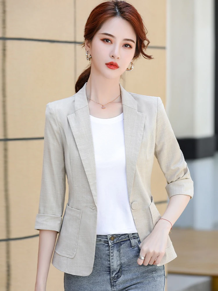 

Короткий женский льняной пиджак-блузка в корейском стиле, летний, тонкий, модный, приталенный, стройнящий топ для женщин