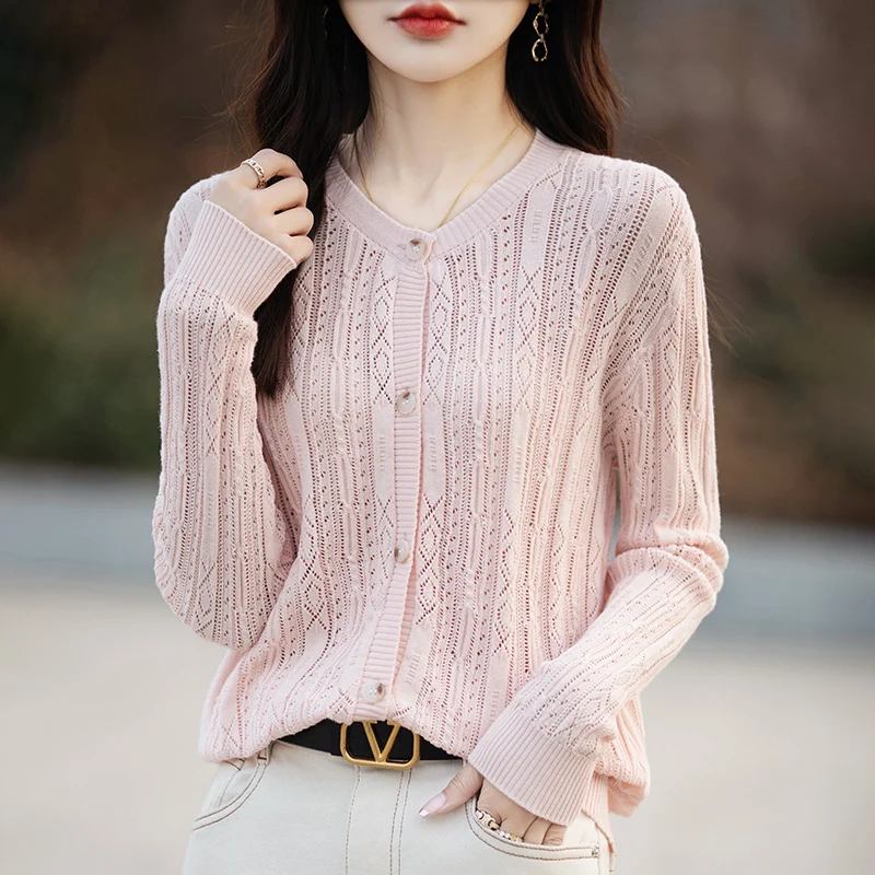 2024 Summer New Women's Round neck Cardigan, Long Sleeves, Sun Protection, Button up Knitwear, Air Conditioned Shirt, Thin Coat