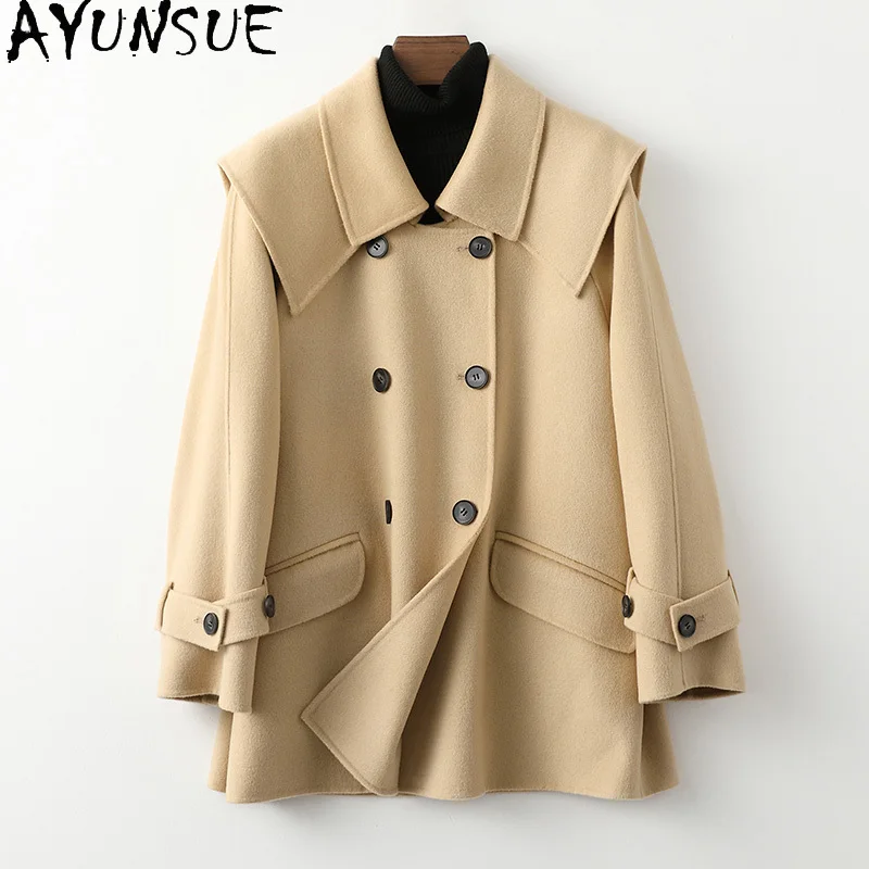 

AYUNSUE 100% Wool Coats for Woman Fall 2023 Fashion Women Clothing Elegant Double-breasted Wool Jacket Mid-length Woolen Coat