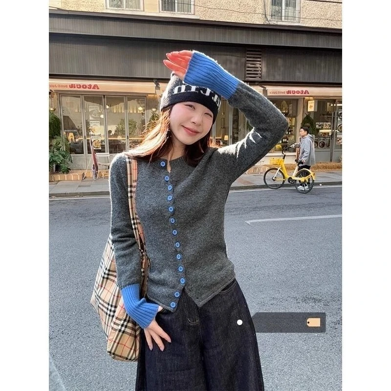 

Solid Color Button Knitwears Sweater Cardigan Jacket For Autumn spring Contrasting Colors Bottoming Shirt Korean Sweet Outerwear