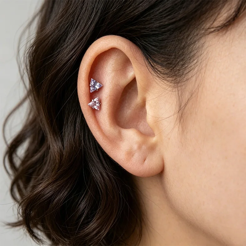 Triangle CZ Pink G23 Titanium Labret Studs, Cartilage Jewelry