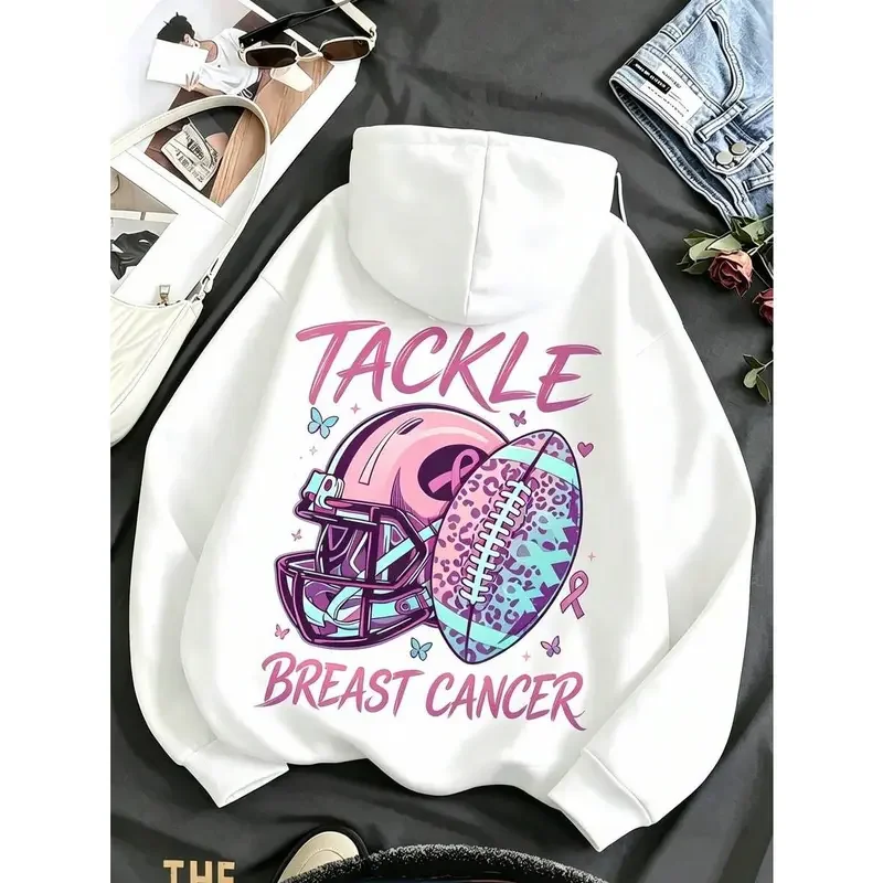 Women Pink Ribbon Breast Cancer Awareness Hoodie, Tackle Football Graphic Oversized Drawstring Pullover Casual Sweatshirt