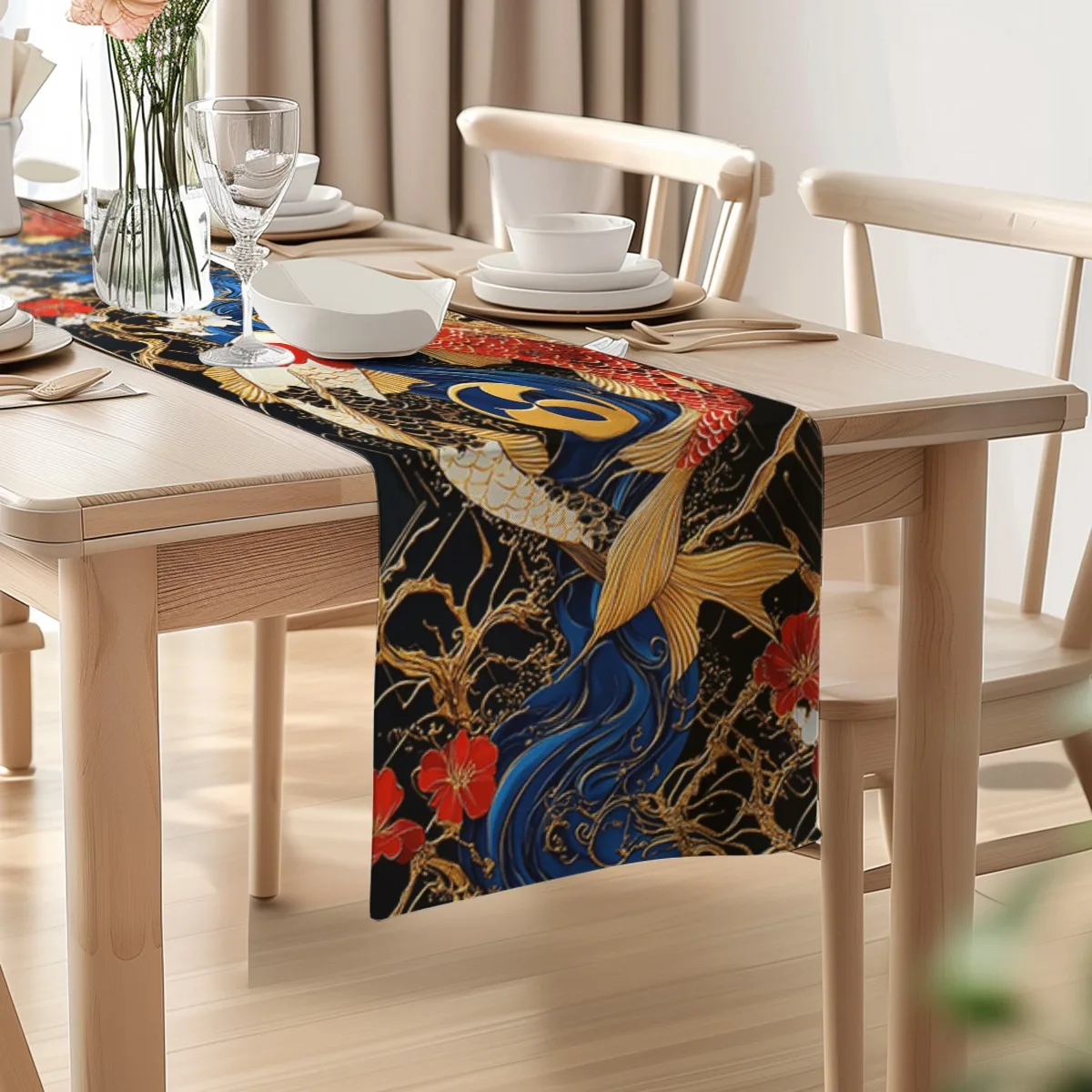 print table runner Koi Fish and Cherry Blossom Japanese Style Tablecloth for Seasonal Celebrations Both Indoor And Outdoor Dinin