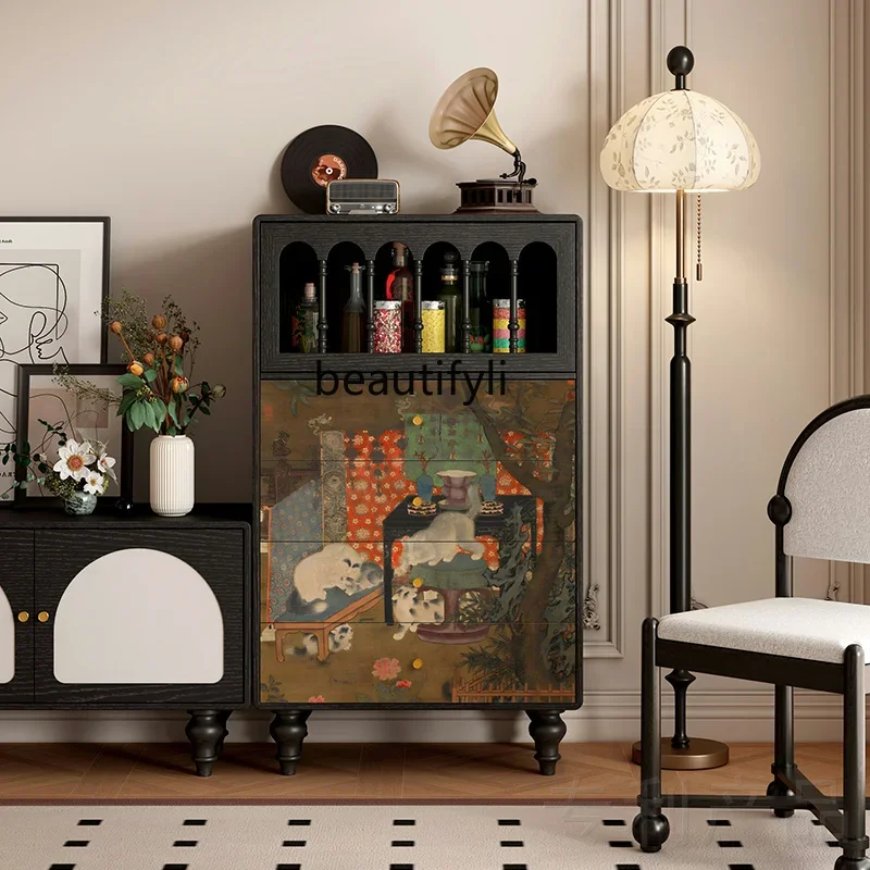 60.Medieval style playing cat picture solid wood dining side cabinet living room dining room tea cabinet four chest cabinets