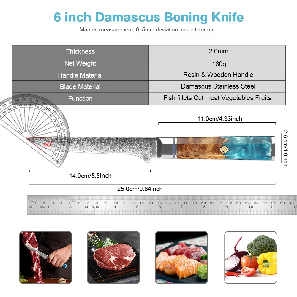 Japan 67-Layer Damascus Steel Boning Knife Professional Beef Lamb and Fish Cutting Knife Ergonomic Handle Kitchen Cooking Knife
