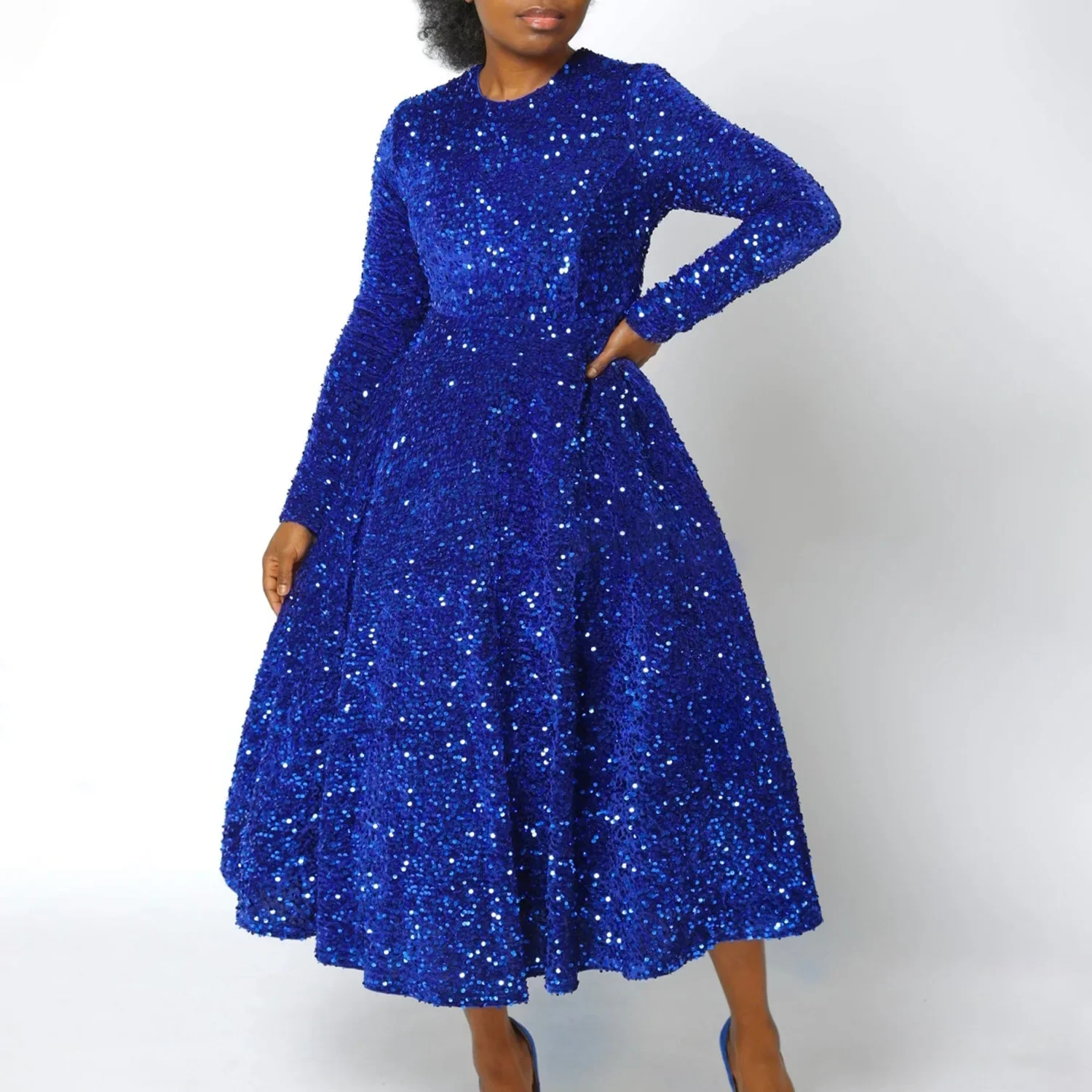 Luxury Sequined Ankle Length Dresses for Women Round Neck Full Sleeve High Waisted Pleated Elegant Birthday Party Dinner Dress