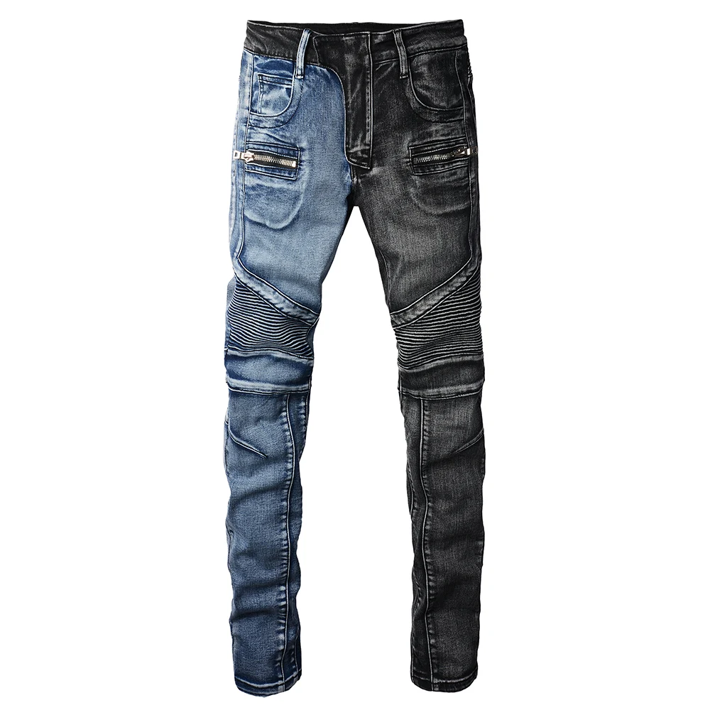 Men's Biker Jeans for Motorcycle Two Colors Spliced Cotton Denim Pants Streetwear Pleated Patch Slim Tapered Trousers