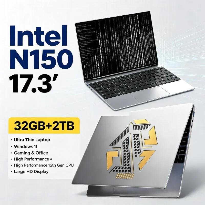 Large 17.3'' HD Display Portable Laptop Intel N150 32GB RAM 2TB SSD Win11 WiFi6 BT5.2 Notebook For Home Daily Office Business