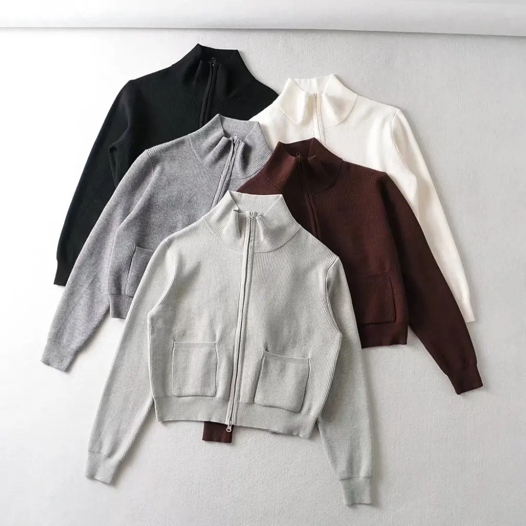 

YPFF Women's Fashion Long Sleeve Cardigan Autumn New Double Zipper Pocket Casual European And American Style Top