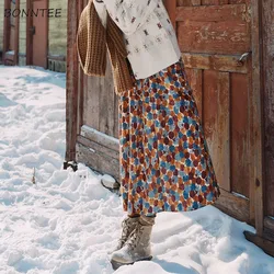 Women Skirts Warm Print Simple Korean Style All-match Loose Ladies Leisure Trendy A-line Midi Winter Vintage High-waist Corduroy