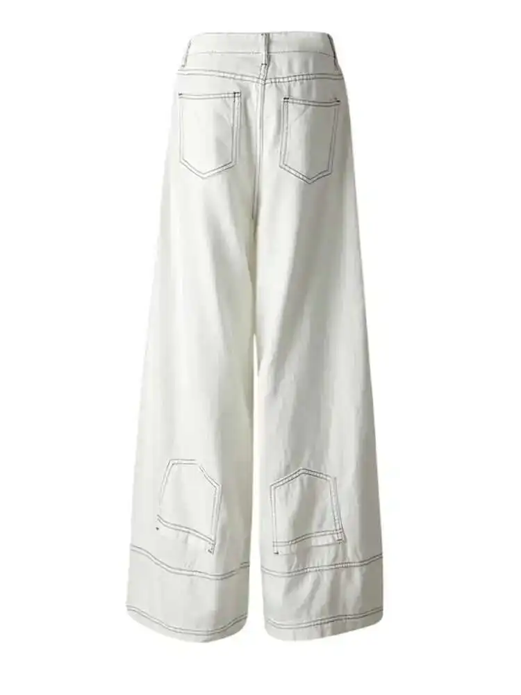 ZMEENNA 女性のホワイトワイドレッグジーンズハイウエストルーズフィットデニムパンツコントラストステッチカジュアルストレートファッション ZM3273