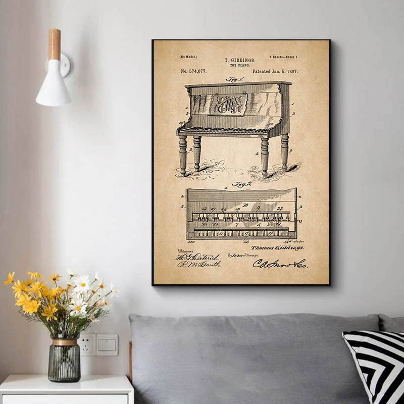Musical instrument blueprint poster piano stand drum accordion canvas printing wall art decoration hanging painting Home decor