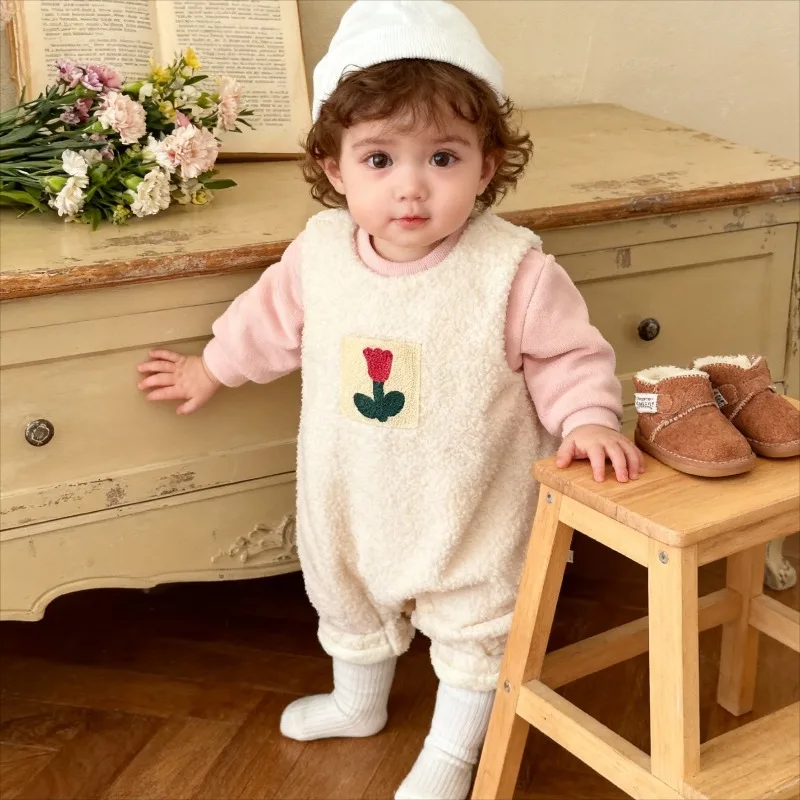 بدلة أطفال للخريف والشتاء مع ملابس زحف سميكة من القطيفة للفتيات برقبة دائرية قطعة واحدة قطع علوية من القطيفة دافئة #3