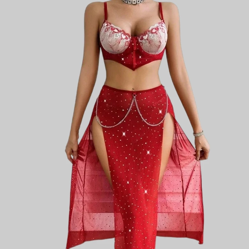 

Сексуальное нижнее белье с вышивкой, комплект из 3 предметов для женщин, лоскутная юбка с цепочкой и разрезом, костюм с глубоким вырезом и открытым пупком, сексуальное женское белье, пижамный костюм
