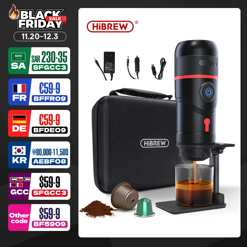 

Портативная кофемашина HiBREW для автомобиля и дома, кофеварка для эспрессо на 12 В постоянного тока, подходит для эспрессо, Dolce Pod, кофейный порошок H4