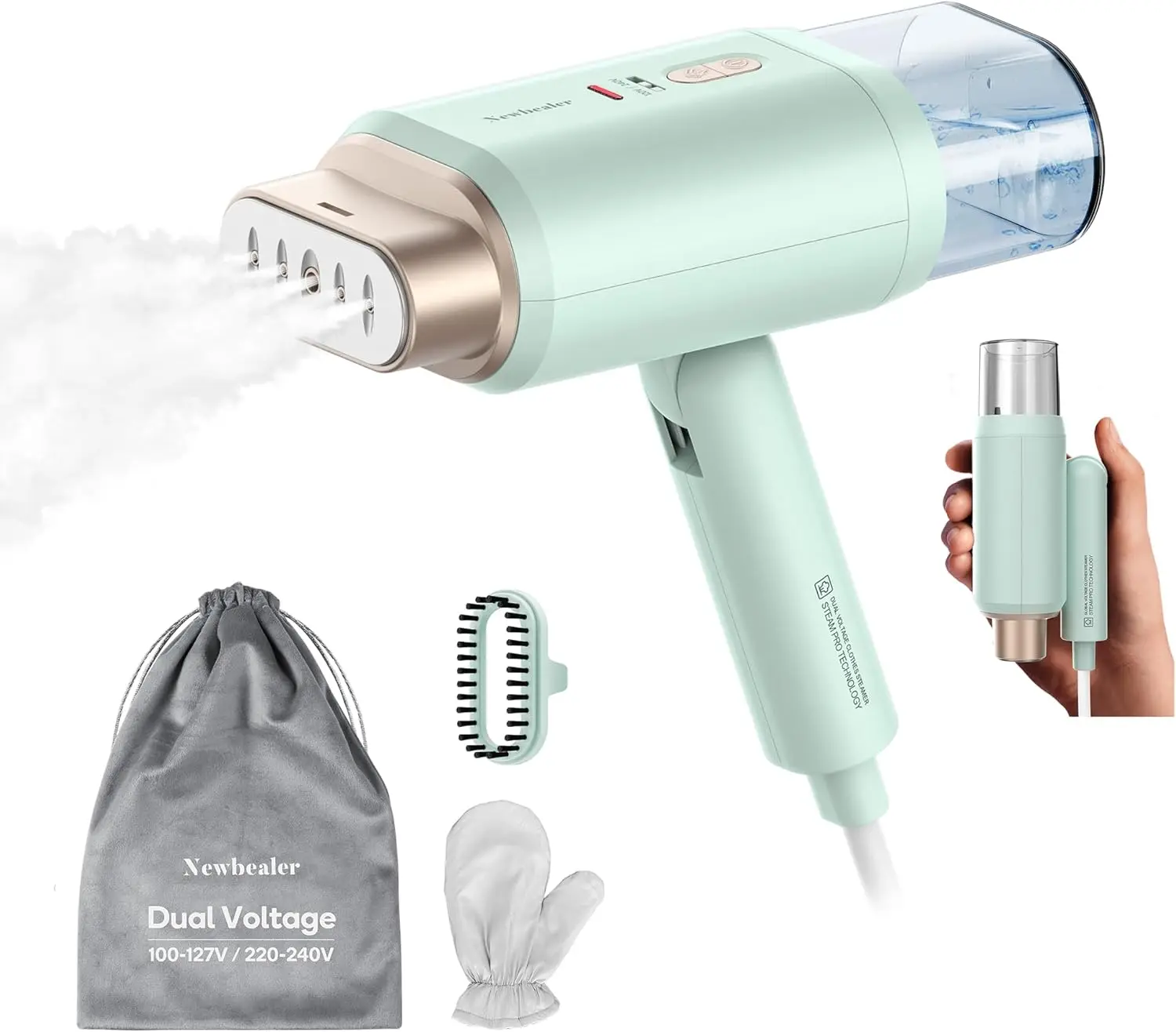 مكواة بخار للسفر بجهد مزدوج - محمولة باليد 120 فولت/220 فولت، 1200 وات، تسخين 20 ثانية، مكواة بخار للملابس قابلة للطي (أخضر)